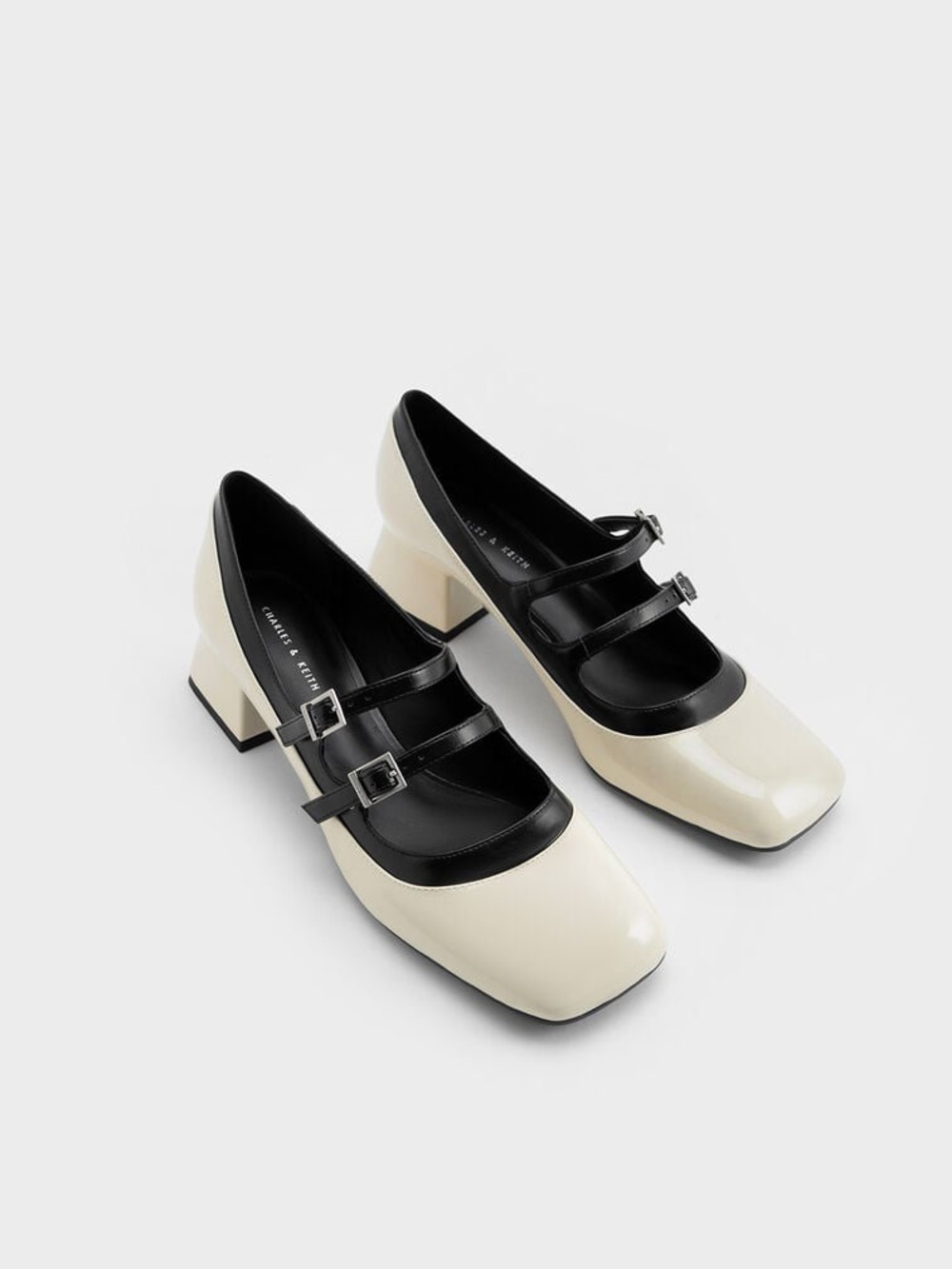 Charles & Keith Patent Double Buckle Two-Tone Mary Janes - Chalk Size 37